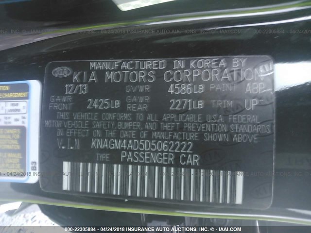 KNAGM4AD5D5062222 - 2013 KIA OPTIMA HYBRID BLACK photo 9