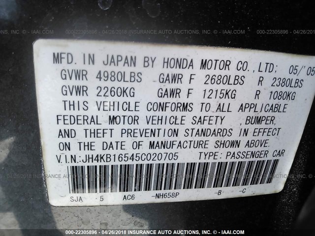 JH4KB16545C020705 - 2005 ACURA RL ნაცრისფერი ფოტო 9