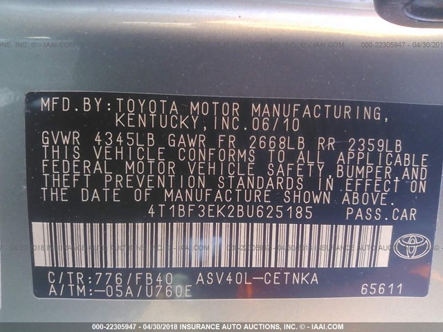 4T1BF3EK2BU625185 - 2011 TOYOTA CAMRY SE/LE/XLE GREEN photo 9