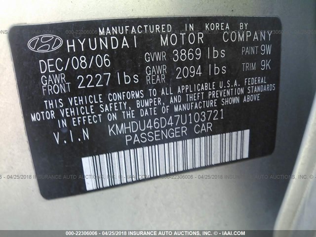 KMHDU46D47U103721 - 2007 HYUNDAI ELANTRA GLS/SE/LIMITED GOLD photo 9