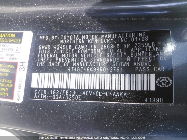 4T4BE46K98R042764 - 2008 TOYOTA CAMRY CE/LE/XLE/SE GRAY photo 9