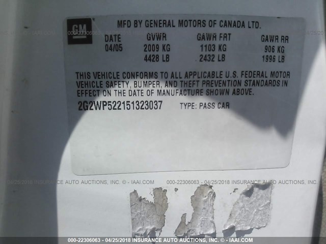 2G2WP522151323037 - 2005 PONTIAC GRAND PRIX WHITE photo 9