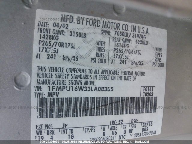 1FMPU16W33LA08385 - 2003 FORD EXPEDITION XLT თაფლისფერი ფოტო 9