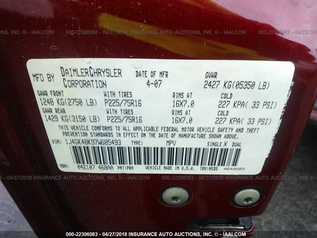 1J4GK48K97W685493 - 2007 JEEP LIBERTY SPORT 红色 照片 9