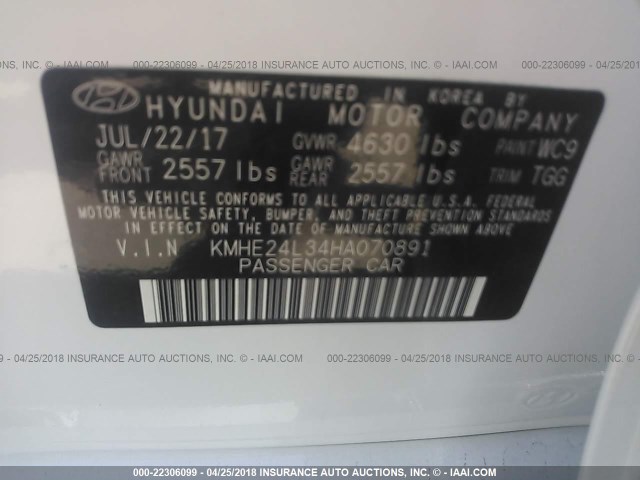 KMHE24L34HA070891 - 2017 HYUNDAI SONATA HYBRID/SE WHITE photo 9