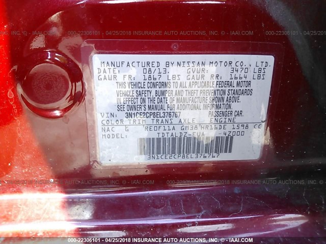 3N1CE2CP8EL376767 - 2014 NISSAN VERSA NOTE S/S PLUS/SV/SL RED photo 9