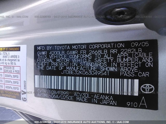 JTDBE32K063049541 - 2006 TOYOTA CAMRY LE/XLE SILVER photo 9