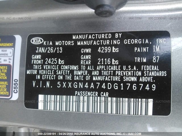 5XXGN4A74DG176749 - 2013 KIA OPTIMA EX SILVER photo 9