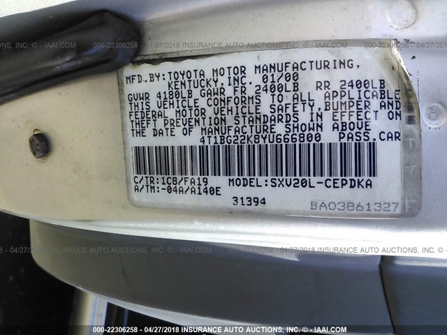 4T1BG22K8YU666800 - 2000 TOYOTA CAMRY CE/LE/XLE 银色 照片 9