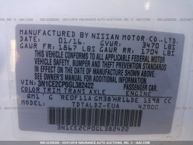 3N1CE2CP0GL382422 - 2016 NISSAN VERSA NOTE S/S PLUS/SV/SL/SR WHITE photo 9