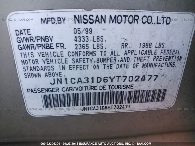 JN1CA31D6YT702477 - 2000 NISSAN MAXIMA GLE/GXE/SE TAN photo 9