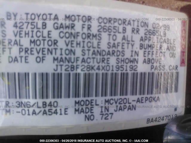 JT2BF28K4X0195192 - 1999 TOYOTA CAMRY LE/XLE RED photo 9