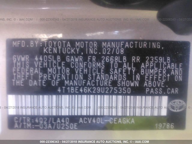 4T1BE46K29U275350 - 2009 TOYOTA CAMRY SE/LE/XLE GOLD photo 9