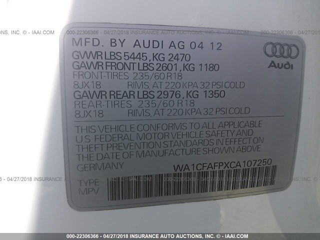 WA1CFAFPXCA107250 - 2012 AUDI Q5 PREMIUM WHITE photo 9