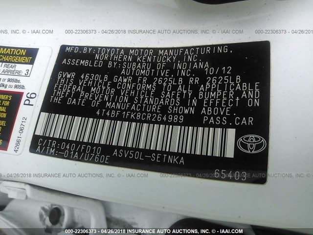 4T4BF1FK8CR264989 - 2012 TOYOTA CAMRY SE/LE/XLE 白色 照片 9