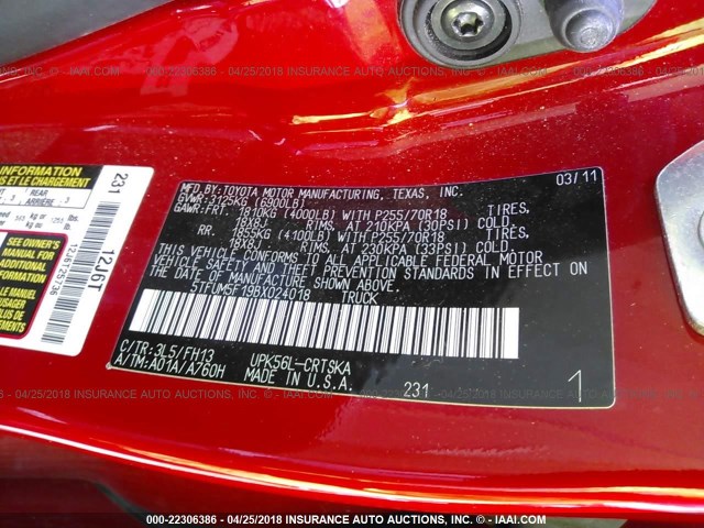 5TFUM5F19BX024018 - 2011 TOYOTA TUNDRA DOUBLE CAB SR5 RED photo 9