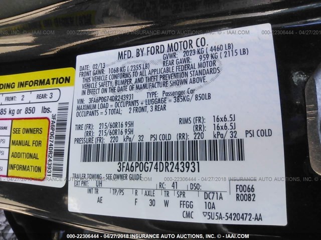 3FA6P0G74DR243931 - 2013 FORD FUSION S BLACK photo 9