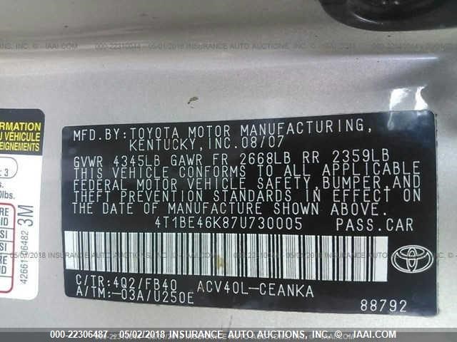 4T1BE46K87U730005 - 2007 TOYOTA CAMRY NEW GENERAT CE/LE/XLE/SE GOLD photo 9