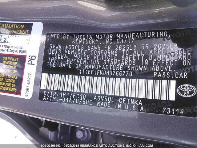 4T1BF1FK0HU766770 - 2017 TOYOTA CAMRY LE/XLE/SE/XSE GRAY photo 9