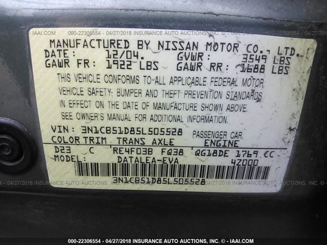 3N1CB51D85L505528 - 2005 NISSAN SENTRA 1.8/1.8S GREEN photo 9