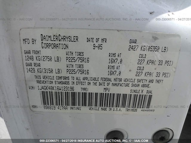 1J4GK48K16W123196 - 2006 JEEP LIBERTY SPORT 白色 照片 9