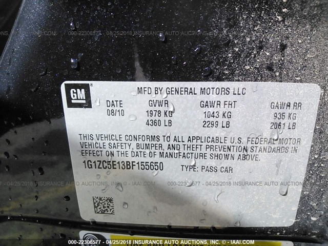 1G1ZC5E13BF155650 - 2011 CHEVROLET MALIBU 1LT 黑色 照片 9