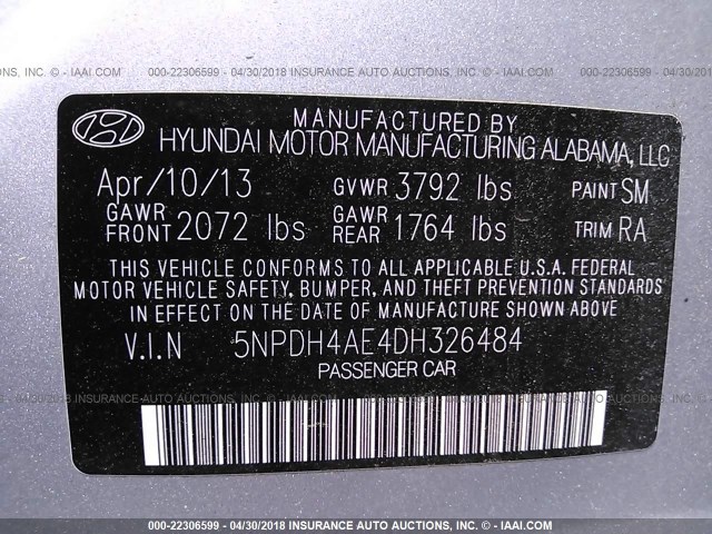 5NPDH4AE4DH326484 - 2013 HYUNDAI ELANTRA GLS/LIMITED SILVER photo 9