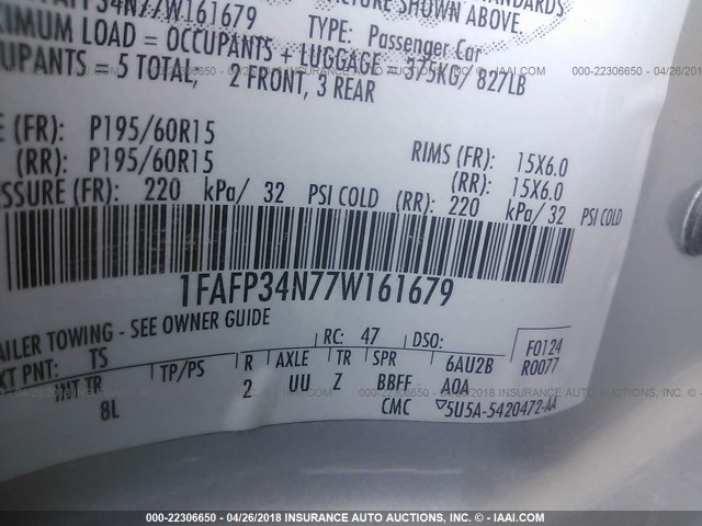 1FAFP34N77W161679 - 2007 FORD FOCUS ZX4/S/SE/SES 银色 照片 9