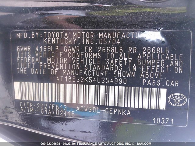 4T1BE32K54U354990 - 2004 TOYOTA CAMRY LE/XLE/SE BLACK photo 9