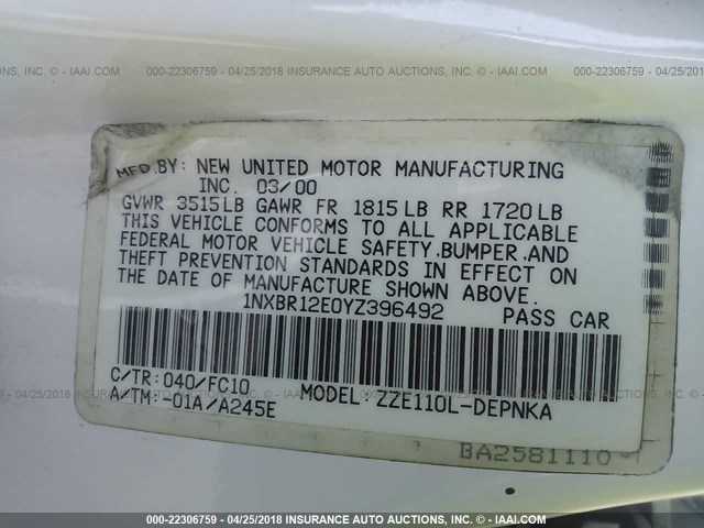 1NXBR12E0YZ396492 - 2000 TOYOTA COROLLA VE/CE/LE 白色 照片 9