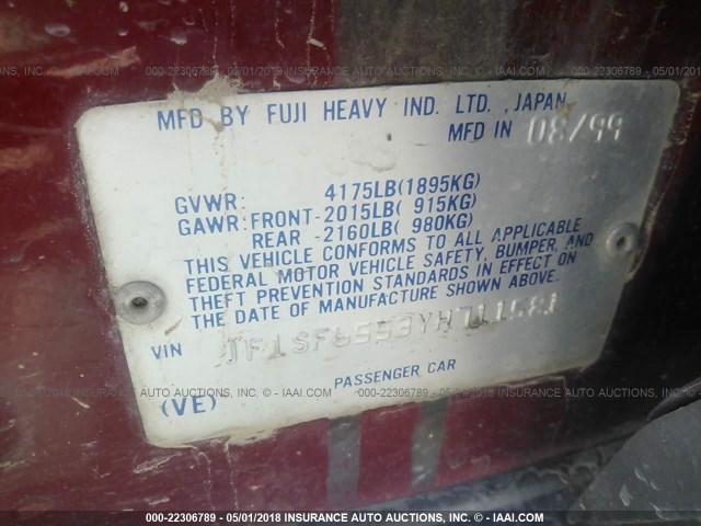 JF1SF6553YH711581 - 2000 SUBARU FORESTER S 栗色 照片 9