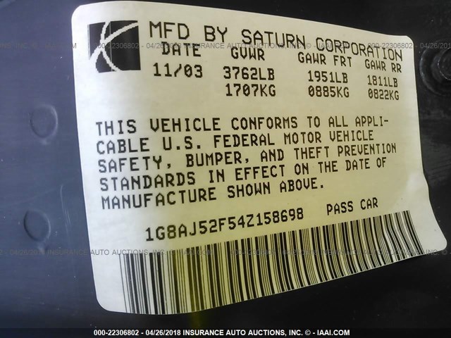 1G8AJ52F54Z158698 - 2004 SATURN ION LEVEL 2 Boz foto 9