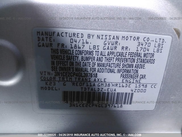 3N1CE2CP4GL397618 - 2016 NISSAN VERSA NOTE S/S PLUS/SV/SL/SR SILVER photo 9