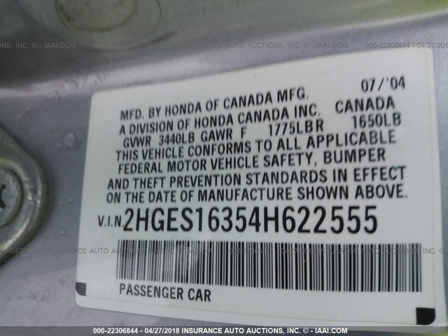 2HGES16354H622555 - 2004 HONDA CIVIC DX VP ვერცხლისფერი ფოტო 9