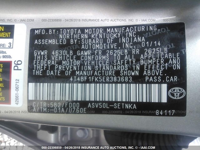 4T4BF1FK5ER383683 - 2014 TOYOTA CAMRY L/SE/LE/XLE 棕色 照片 9