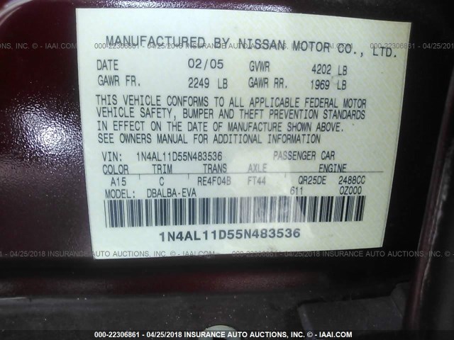 1N4AL11D55N483536 - 2005 NISSAN ALTIMA S/SL RED photo 9