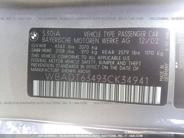 WBADT63493CK34941 - 2003 BMW 530 I AUTOMATIC GRAY photo 9