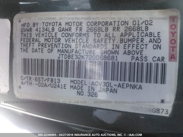 JTDBE32K720068681 - 2002 TOYOTA CAMRY LE/XLE/SE ლურჯი ფოტო 9