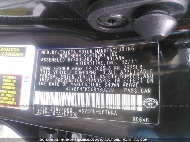 4T4BF1FK5CR180239 - 2012 TOYOTA CAMRY SE/LE/XLE BLACK photo 9