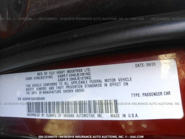 4S3BH815347600485 - 2004 SUBARU LEGACY OUTBACK H6 3.0 SPECIAL RED photo 9