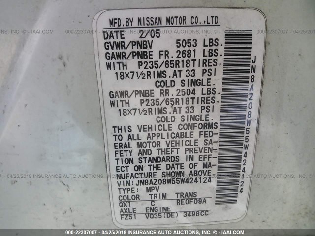 JN8AZ08W55W424124 - 2005 NISSAN MURANO SL/SE/S WHITE photo 9