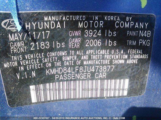 KMHD84LF8JU473877 - 2018 HYUNDAI ELANTRA SEL/VALUE/LIMITED BLUE photo 9