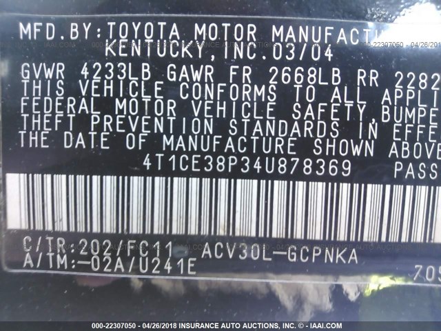 4T1CE38P34U878369 - 2004 TOYOTA CAMRY SOLARA SE/SLE შავი ფოტო 9