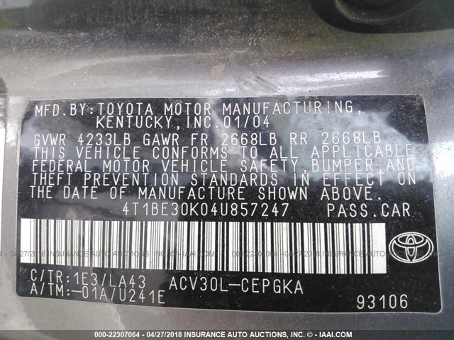 4T1BE30K04U857247 - 2004 TOYOTA CAMRY LE/XLE/SE ნაცრისფერი ფოტო 9
