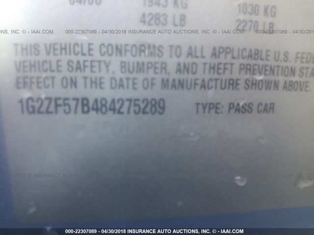 1G2ZF57B484275289 - 2008 PONTIAC G6 VALUE LEADER/BASE GRAY photo 9