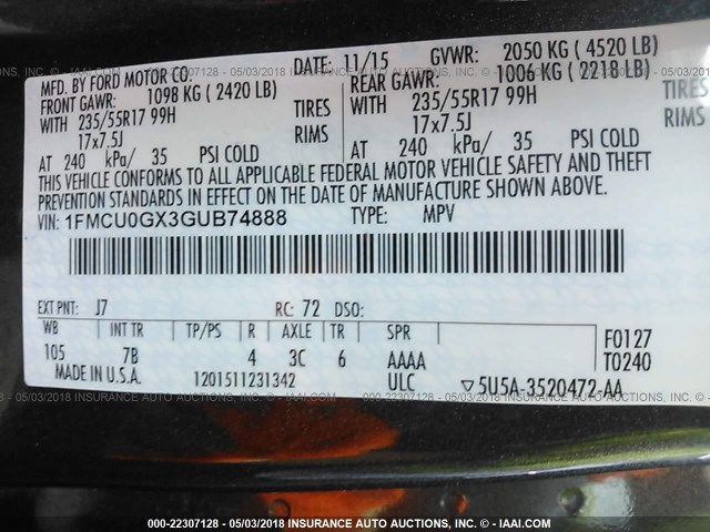 1FMCU0GX3GUB74888 - 2016 FORD ESCAPE SE GRAY photo 9