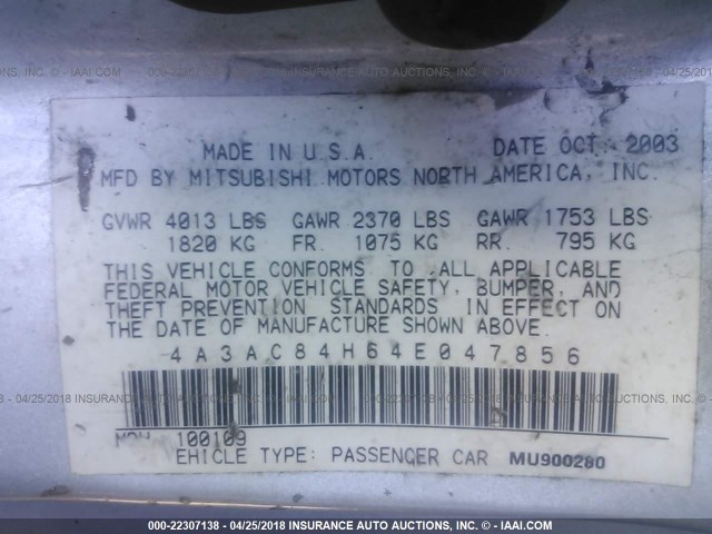 4A3AC84H64E047856 - 2004 MITSUBISHI ECLIPSE GT SILVER photo 9