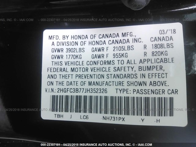 2HGFC3B77JH352326 - 2018 HONDA CIVIC EXL BLACK photo 9