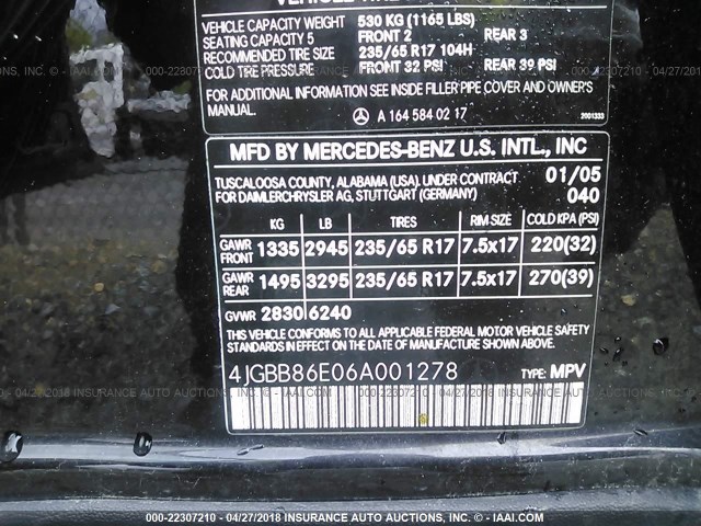 4JGBB86E06A001278 - 2006 MERCEDES-BENZ ML 350 BLACK photo 9