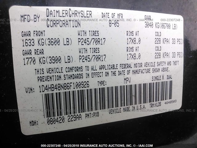 1D4HB48N86F100926 - 2006 DODGE DURANGO SLT შავი ფოტო 9